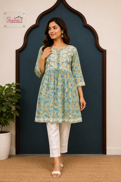 Mul Cotton Frock Style Short Kurti with Chikankari (Copy)