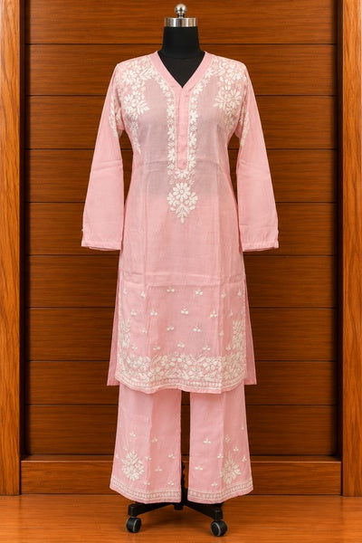 Pure Muslin Chanderi Chikankari handcrafted Coord Set