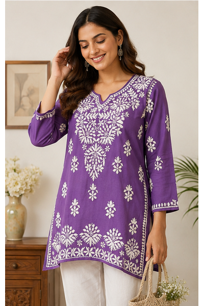 Rayon Short Kurti with Handcrafted Chikankari