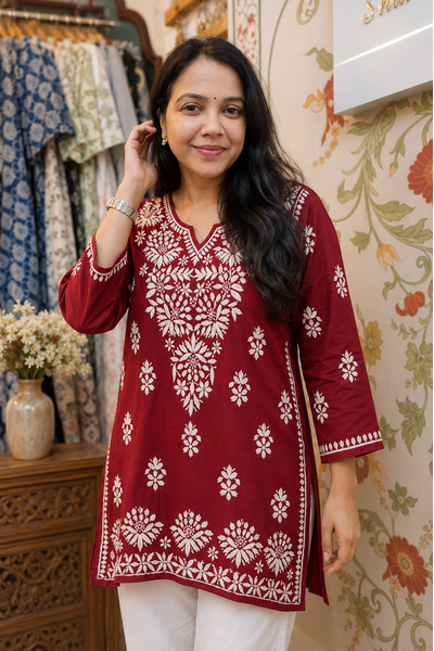 Rayon Short Kurti with Handcrafted Chikankari