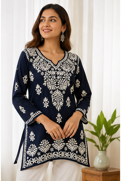 Rayon Short Kurti with Handcrafted Chikankari