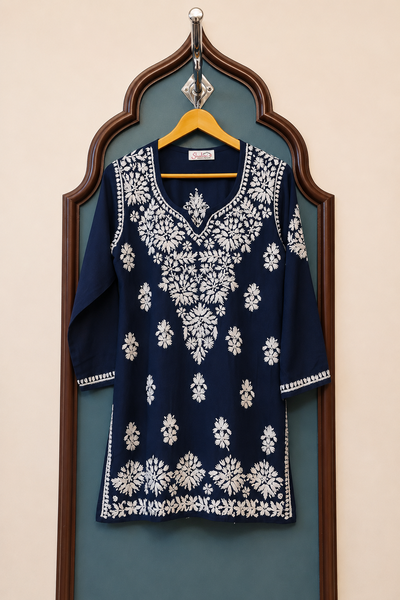 Rayon Short Kurti with Handcrafted Chikankari