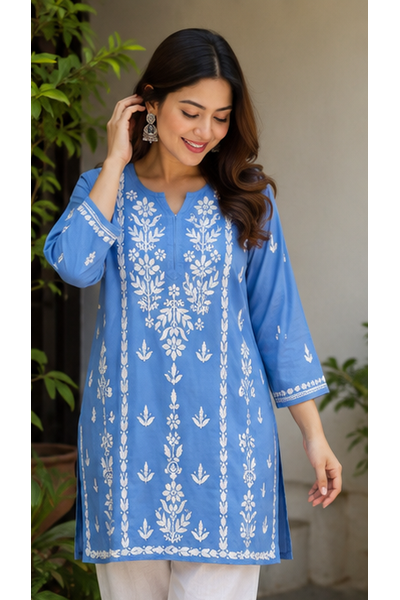 Rayon Short Kurti with Handcrafted Chikankari
