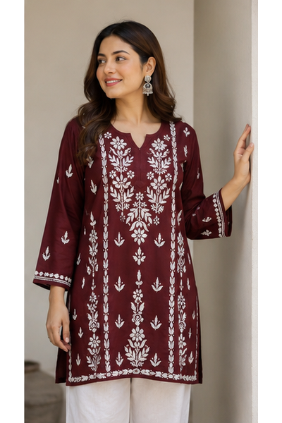 Rayon Short Kurti with Handcrafted Chikankari