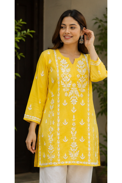 Rayon Short Kurti with Handcrafted Chikankari