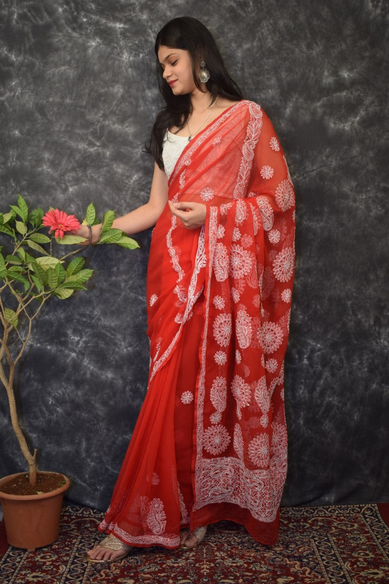 Red Chhadi Work Saree