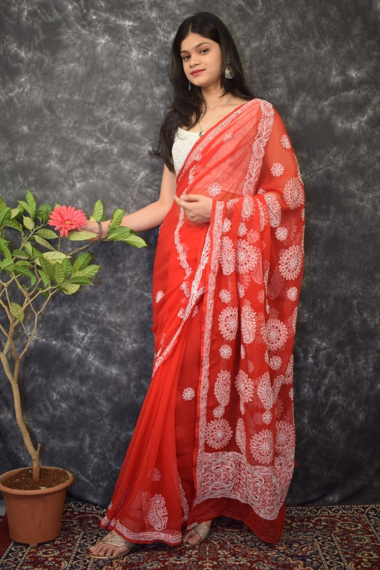 Red Chhadi Work Saree