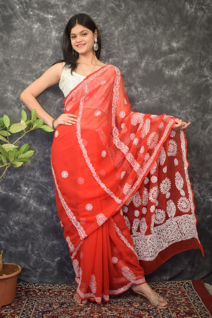 Red Chhadi Work Saree