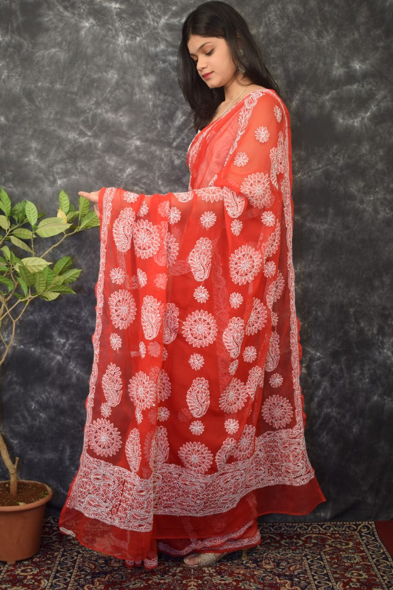 Red Chhadi Work Saree
