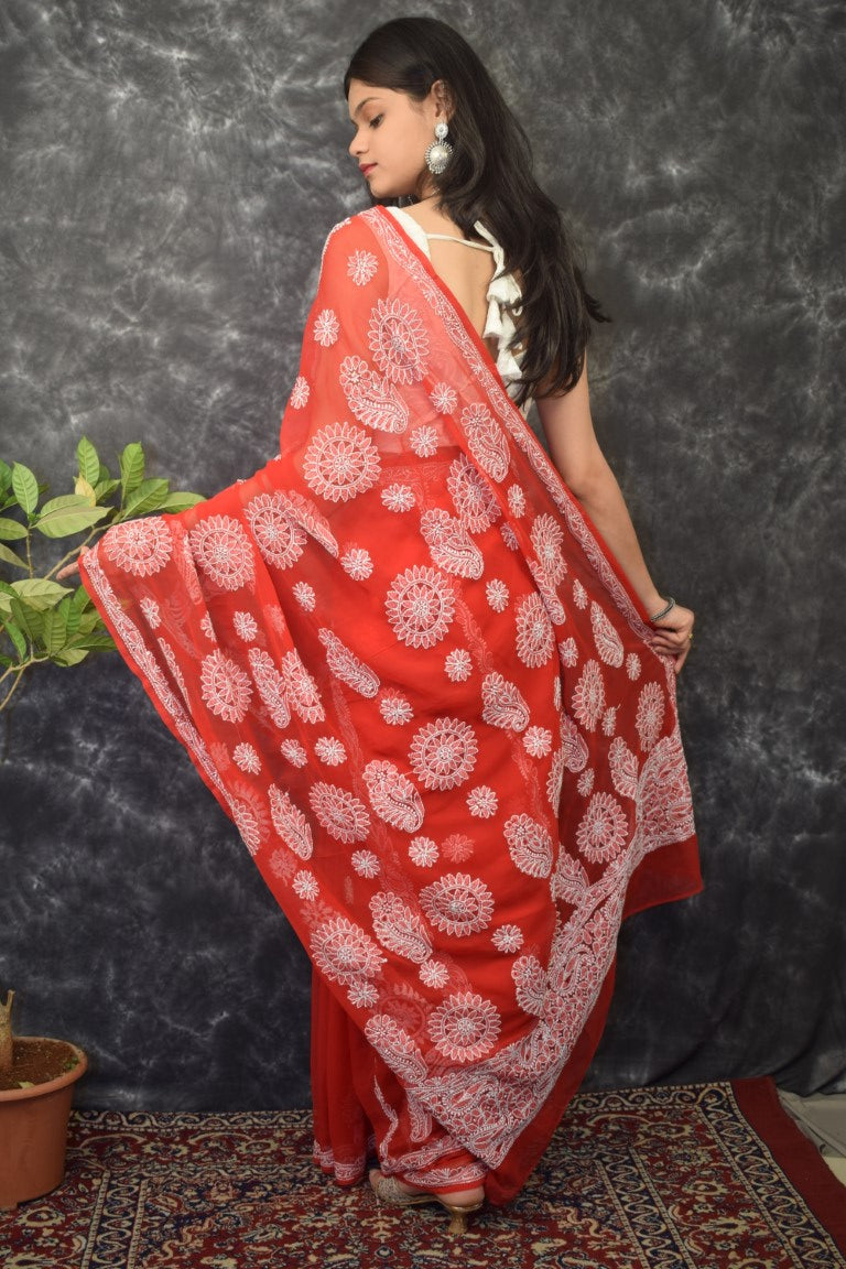 Red Chhadi Work Saree