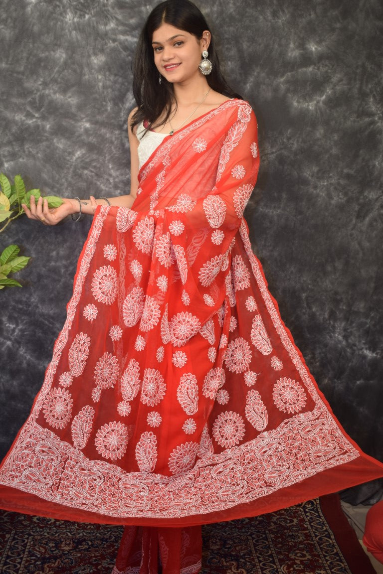 Red Chhadi Work Saree
