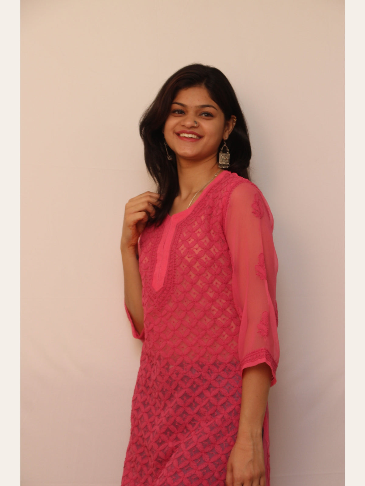 Dark Pink Georgette Long Kurta Jaal work