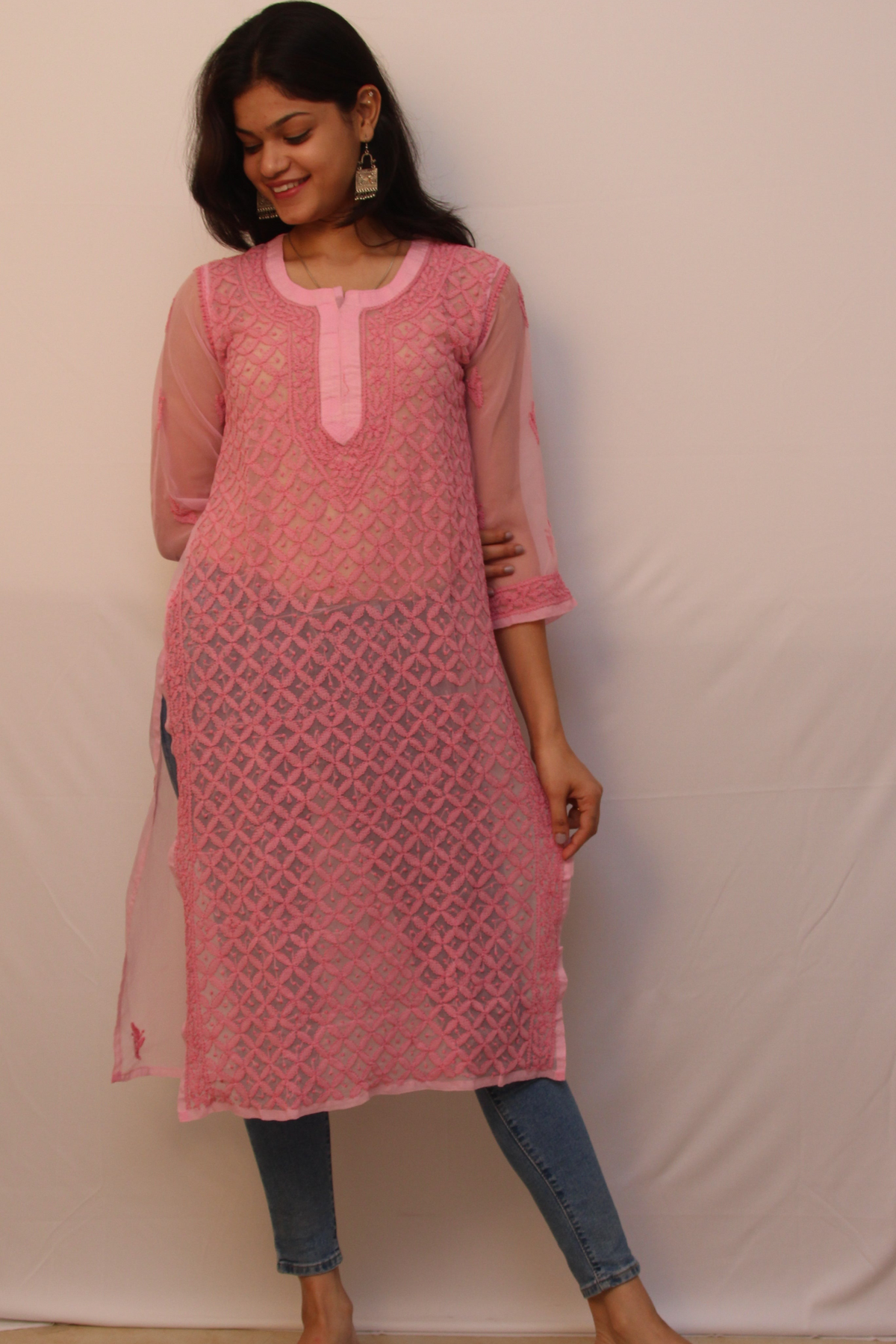 Pink Georgette Long Kurta Jaal work